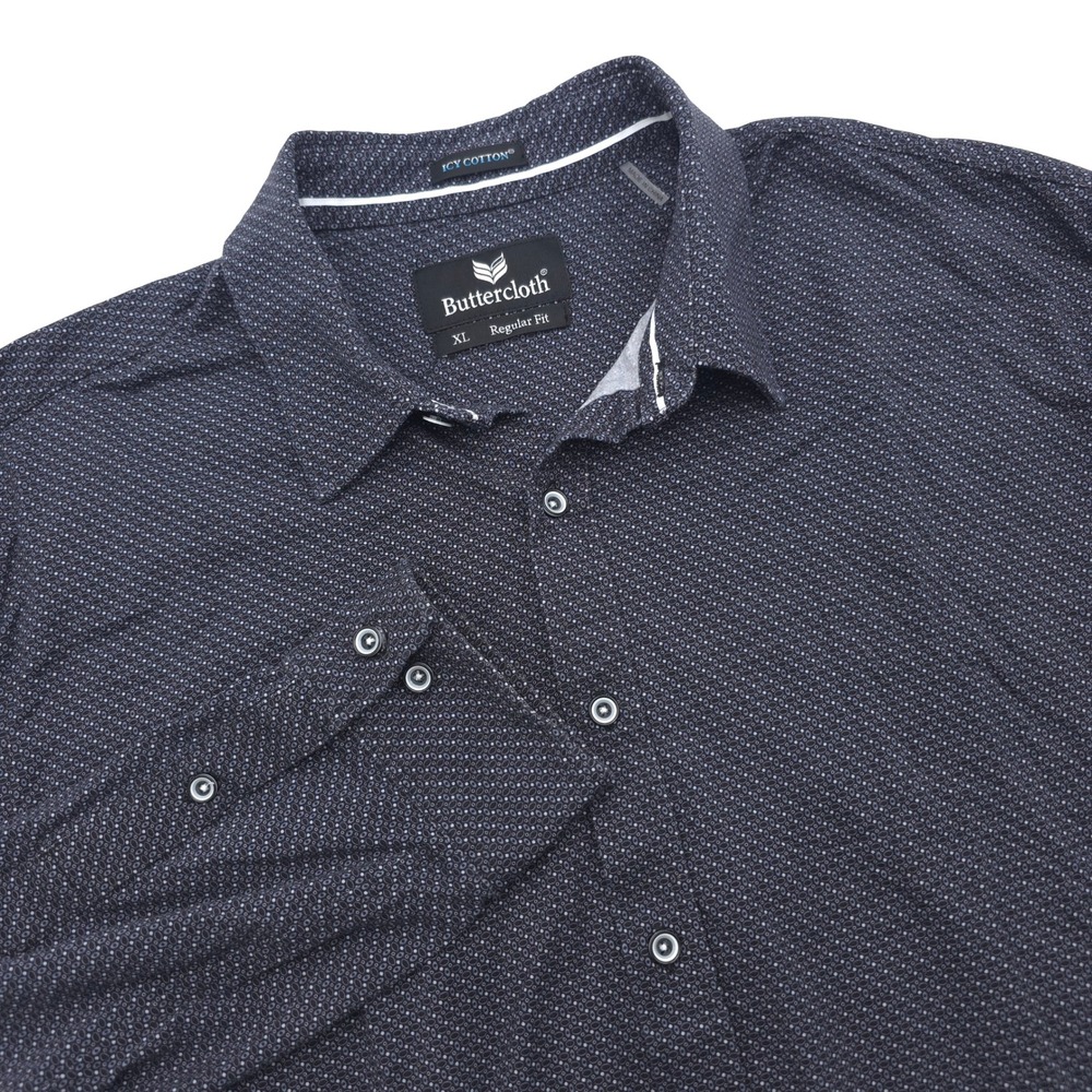Buttercloth Icy Cotton Shirt Mens XL Regular Fit Navy Blue Geometric Long Sleeve